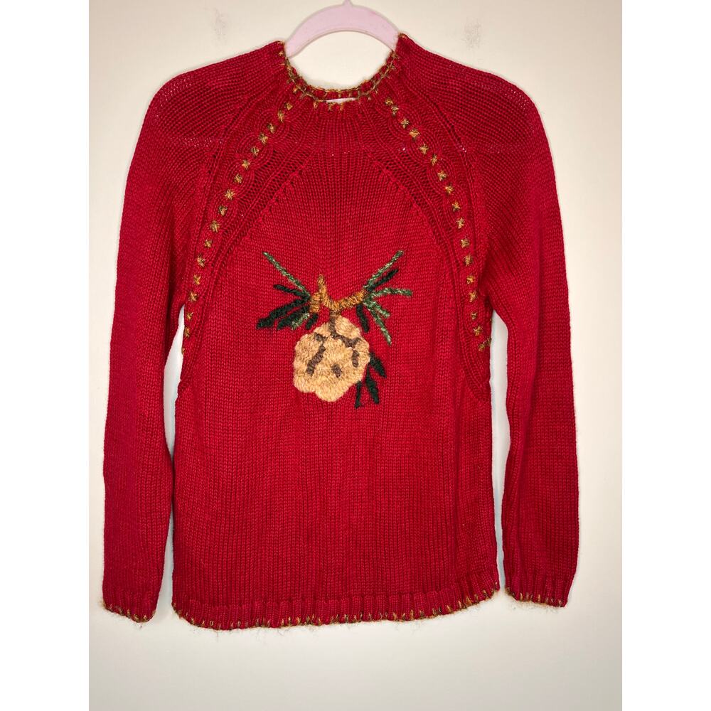 1990s Coldwater Creek Cherry Red Pinecone Wool Woodland Christmas Sweater XS